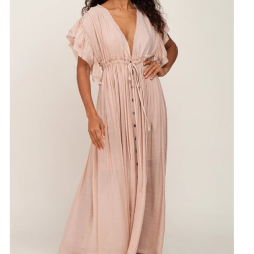 Grey Deep V-Neck Button Down Maxi Dress– PinkBlush