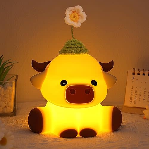 Attivolife Highland Cow Night Light for Kids, Flower Cow Cute Animal Gift Soft Silicone LED Lamp with Dimmable and Timer, Bedroom Bedside Table Decor, Birthday Christmas Gifts for Children Baby