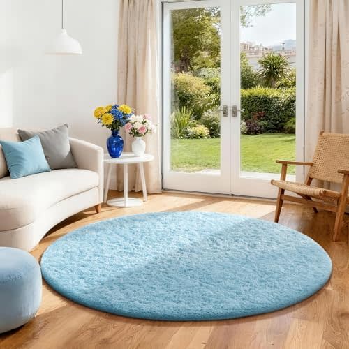 Ophanie Round Rug 4Ft Light Blue Circle Area Rugs, Fluffy Fuzzy Small Bedroom Carpet 4 Foot, Plush Shag Floor Living Room Circular Aesthetic Home Decor for Kids Teen Boys Baby with 99 pcs Pile fibers