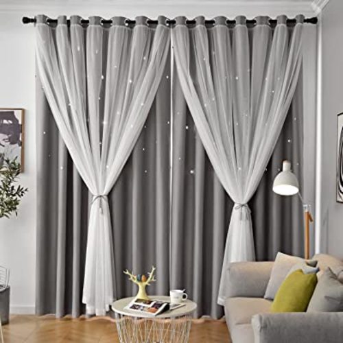 Loyala Star Blackout Double Layer Curtains - Cute Kids Bedroom & Nursery Curtains, 63 Inch Length, 2 Panels, Grey
