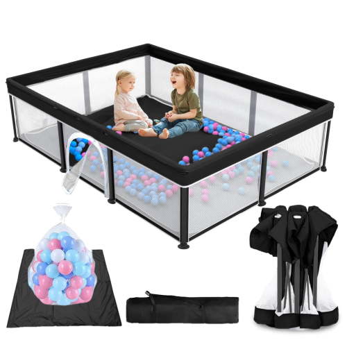Foldable Baby Playpen with Mat, Collapsible Play Pen for Babies and Toddlers, Indoor & Outdoor Kids Safety Play Pen, Portable Play Yard with 50 Ocean Balls, 50"×70", Black
