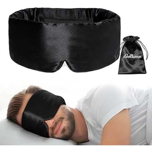 100% Natural Silk Eye Mask for Women Men, Soft Pressureless Cooling Blackout Eye Covers for Sleeping, Large Size Sleep Mask fits All Heads Adjustable, 1PC, Black