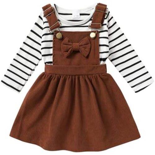 Toddler Baby Girl Fall Outfit Long Sleeve Stripe T-Shirt and Strap Dress Overall with One Pocket Clothes Sets