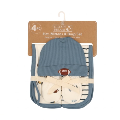 Lullaby Dreams 4-piece Hat, Mittens & Burp Cloth Set Blue