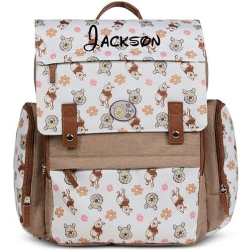 Personalized Winnie the Pooh Diaper Bag Backpack – Officially Licensed Disney Pooh Bear Baby Bag – Custom Embroidered Name, Large 17x13x6 Travel Changing Bag