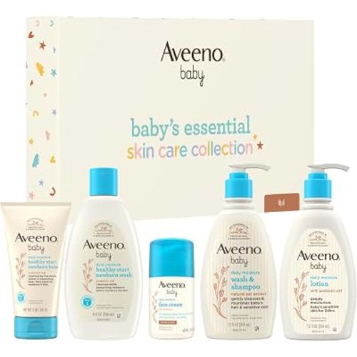 Aveeno Baby Essential Skincare Gift Set, 5-Piece Collection | Wash and Shampoo, Daily Moisture Body Lotion, Face Moisturizer, Newborn Wash and Baby Balm