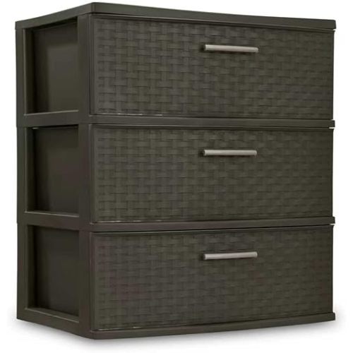 3 drawer wide woven storage cabinet, coffee colored
