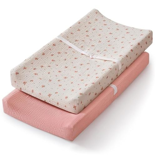 Blissful Diary Muslin Changing Pad Cover for Baby Girls, Ultra Soft Breathable Cotton, Baby Diaper Change Table Pad Covers, 2Pack (Pink Floral & Light Pink)