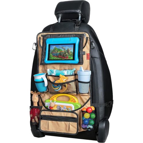 Lusso Gear Heavy Duty Back Seat Car Organizer Extra Large for Powerful Protection, Sag Proof & Reinforced Corners, Protects iPad & Backseat, 12 Versatile Car Seat Organizer Storage Compartments, (Tan)