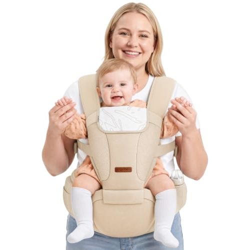 Baby Carrier with Hip Seat, 6-in-1 Newborn to Toddler, 7-44 lb, Khaki | Ergonomic, Adjustable & Detachable with Extender Belt for Hands-Free Travel