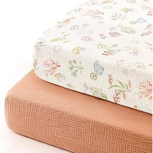 GRSSDER 100% Cotton Muslin Crib Sheet 2 Pack - Breathable & Ultra-Soft Fitted Crib Sheets for Standard Baby & Toddler Mattresses, 52"x28" with 9" Deep Pocket, Snug Fit All-Around Elastic