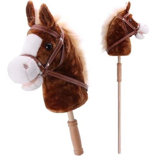 Linzy Toys 35.5" Plush Stick Horse - Funny Hobby Horse with Pony Sound, Soft Realistic Mane & Durable Leather Reins, Pretend Play Riding Toy for Boys & Girls Ages 3+ (Brown)
