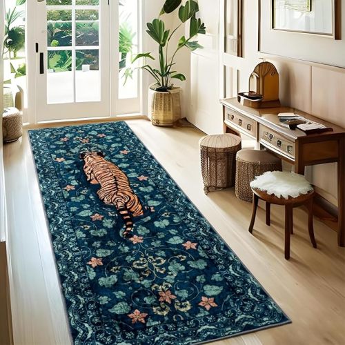 Tiger Washable Area Rugs for Living Room 4x6Ft, Boho Jungle Bedroom Rugs, Thin Botanical Entryway Nursery Area Floor Carpets for Dorm Dining Room Kids Playroom Study Farmhouse, Brown