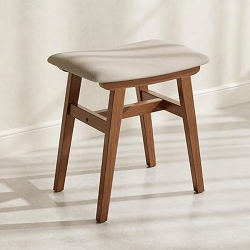 Solid Wood Vanity Stool, Compact Makeup Chair with Saddle Cushion, Linen-Covered High Rebound Sponge Seat, Easy Assembly Footstool for Bedroom, Entryway, Home, Walnut