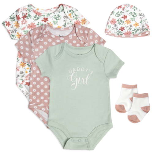 Baby Essentials Baby Girls 9 Months Daddy’s Girl 5 Piece Bodysuit Set Containing 3 Short Sleeve Bodysuits, 1 Cap & Pair of Socks