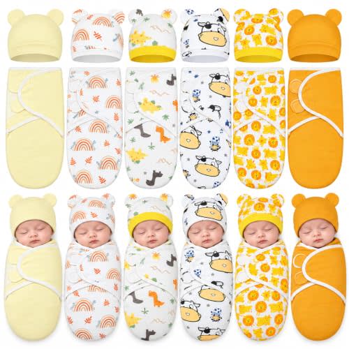 Ramede 6 Pack Baby Swaddle Blankets with Hats,Rainbow,Yellow | Soft Cotton Wrap for Newborn Boys 0-3 Months, Adjustable Breathable Sleep Sack Set, Skin-comfortable Receiving Blanket