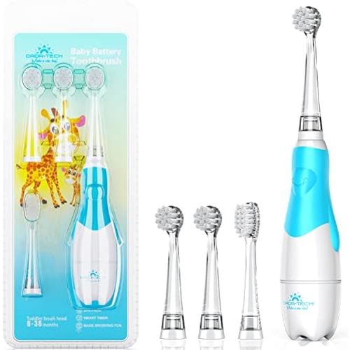 DADA-TECH Toddler Electric Toothbrush Kids Age 1-2-3 Years Old, Baby Electric Toothbrush with LED Light 2 Minutes Timer 4 Vibrating Heads for Infants Toothbrush 6 to 12 Months and Up (Blue)