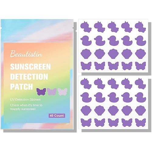 UV Stickers for Sunscreen - 40 Count UV Detection Stickers, Know When to re-Apply Sunscreen, Safe for Kids Age 3+, 4 Pattern Types for Girls & Boys