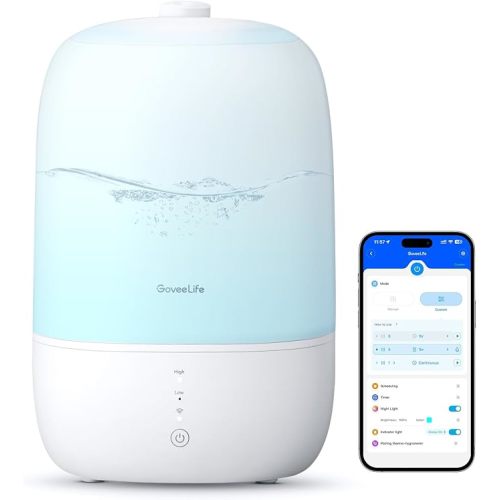 GoveeLife Smart Humidifiers for Bedroom, 3L Top Fill Cool Mist Humidifier, 24dB Quiet Runtime, Humidity Control, WiFi Air Humidifier with Night Light, for Baby, Plants, Home, Work with Alexa