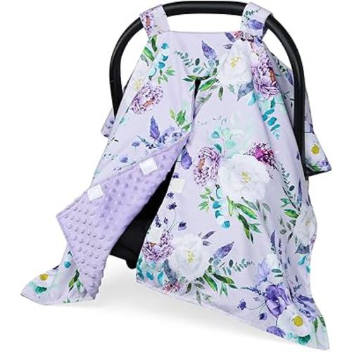 Car Seat Cover Baby, Peekaboo Opening Carseat Covers Baby Girl, Warm Minky Infant Car Seat Canopy, Multi-Use Cover Protecting Baby from Wind, Sun, Strangers Purple Floral