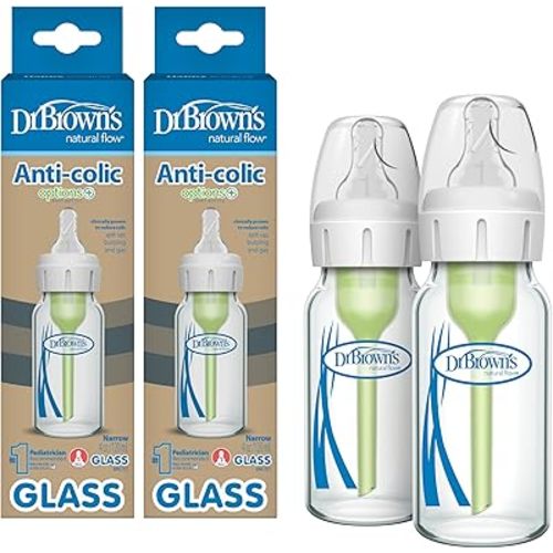 Dr. Brown's Natural Flow Anti-Colic Options+ Narrow Glass Baby Bottle, 4 oz/120 mL, with Level 1 Slow Flow Nipple, 2 Pack, 0m+