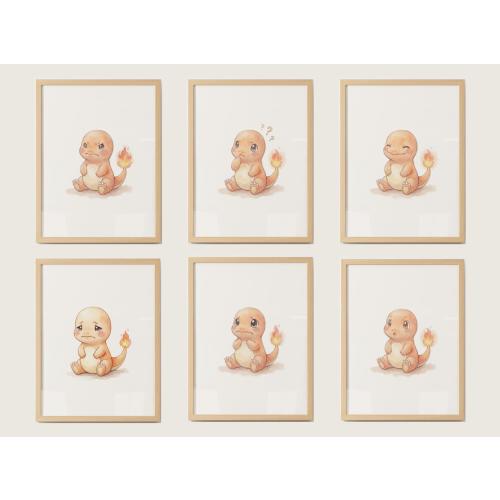 Baby Charmander Emotions Nursery Wall Art Set, 6 Cute Watercolor Prints, Digital Download For Baby Room And Kids Room