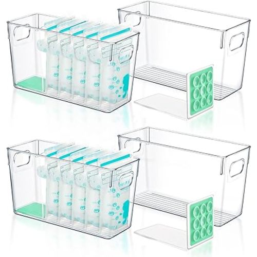 Chunful 4 Set Breastmilk Storage Containers for Freezer Fridge with L-shaped Compressor, Stores up to 48 Breast Milk Bags for Flattening Breast Milk Bags, Transparent Organizer Bins 11" Long 2mm Thick