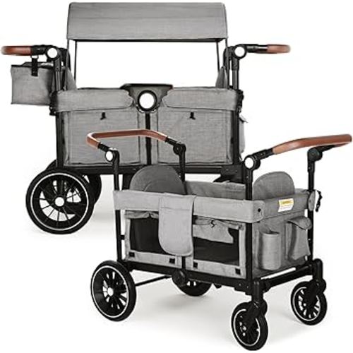 Wagon Stroller for 2 Kids, Foldable Kids Wagon Cart Featuring with Harnesses, Adjustable Double Push Handle, Removable Canopy, Snack Tray, Large Storage Bag, Gray