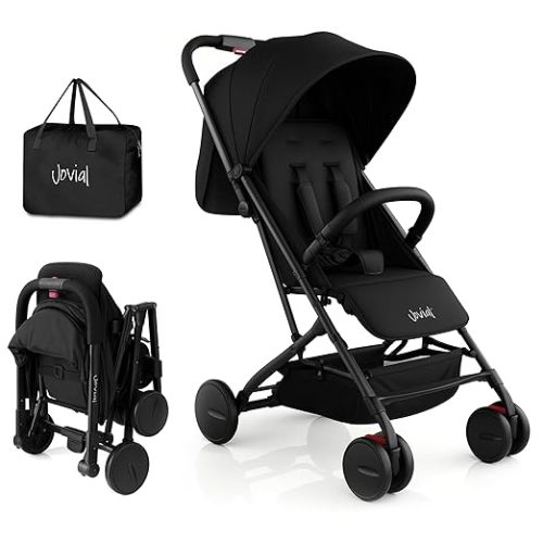 Jovial Lightweight Baby Stroller, Folding Travel Stroller with Reclining Seat, Canopy, 5-Point Safety Harness, Storage Basket, Smooth Wheels, Compact Portable Design (39.8" x 18.7" x 32.3")