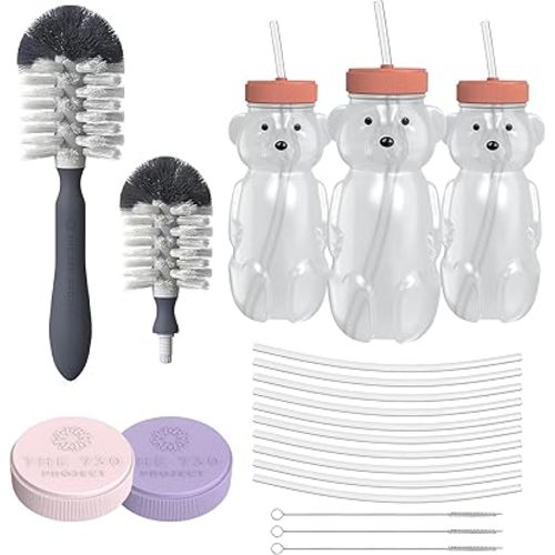 Honey Bear Cup Essentials Bundle - 8oz Therapy Straw Cup, 4 Straws, 2 Travel Lids, Bottle & Straw Brushes - Cherry & Red(3-Pack)