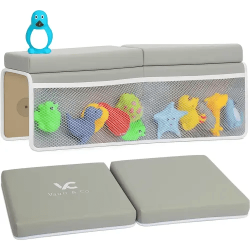 Vault & Co Bath Kneeler and Elbow Rest Pad Set – Extra Thick 1.5” Cushioned Baby Bath Kneeling Pad, Non-Slip Mat with Quick Dry Cover Storage Pockets, Waterproof Support & 5 Fun Bath Toys