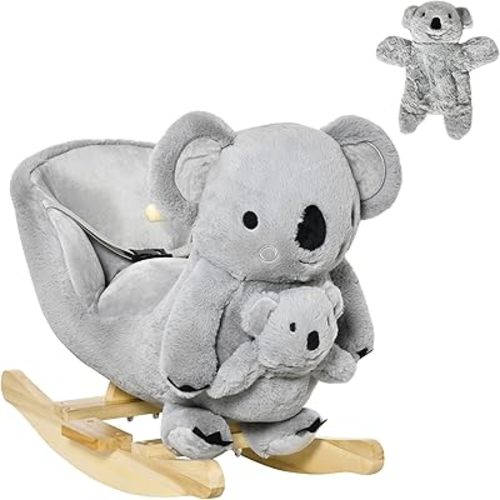 Qaba Kids Ride-On Rocking Horse, Koala-Shaped Rocker with Realistic Sounds for Children 18-36 Months, Gray