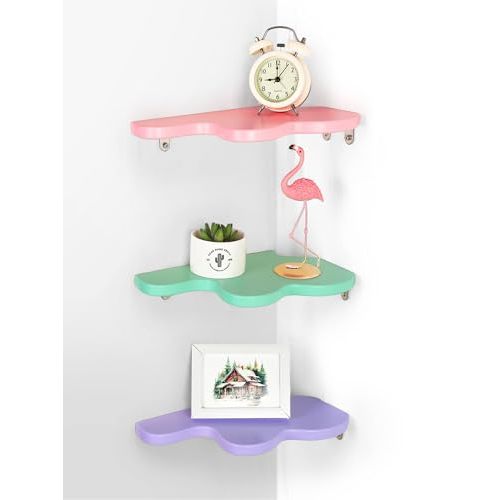 Menkxi Cute Wavy Corner Shelf Wall Mount, Set of 3 Wood Floating Cloud Corner Wall Shelves with Cord Hole Wall Danish Pastel for Bedroom Living Room Bathroom Kitchen