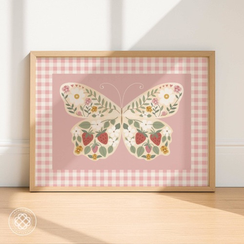 8x10 Pink Gingham Cottage Floral Butterfly Print, Vintage Printable Butterfly Art, Strawberry Little Girls Wall Art, Cottage Style Nursery Print