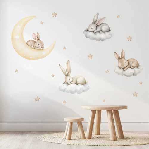 Sleeping Bunnies Wall Decals – Dreamy Nursery Decor, Reusable Stickers for Baby Room with Stars & Clouds