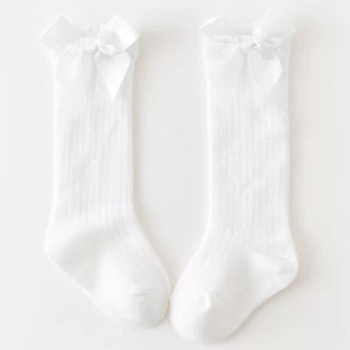 White Cotton/Poly Lace Knee High Socks with Bow