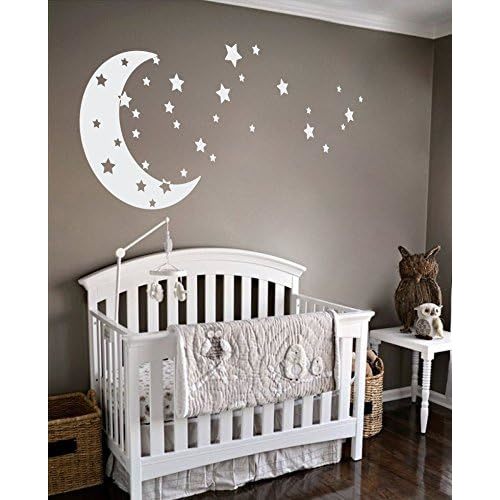Moon and Stars Night Sky Vinyl Wall Art Decal Sticker Design for Nursery Room DIY Mural Decoration (White, 22x49 inches)