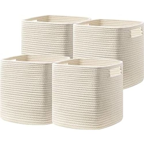 UBBCARE Set of 4 Cotton Rope Basket 13 X 13 X 13 Inches, Woven Storage Baskets for Shelves, Organizing with Handles, Cube Storage Bins for Storage Books, Magazines, Beige: Home & Kitchen