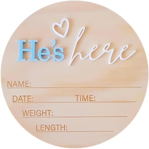 Baby Birth Announcement Sign, ​5.9 Inch Wooden He's Here Newborn Gender Reveal Signs Decoration, Acrylic Hospital Birth Announcement Sign, Newborn Photo Shoot Props,Welcome Newborn Arrival To World