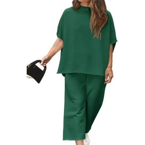 Women's Plus Size 2 Piece Outfits 3/4 Batwing Sleeve Capelet Crew Neck Pullover Top Wide Leg Pants Lounge Set