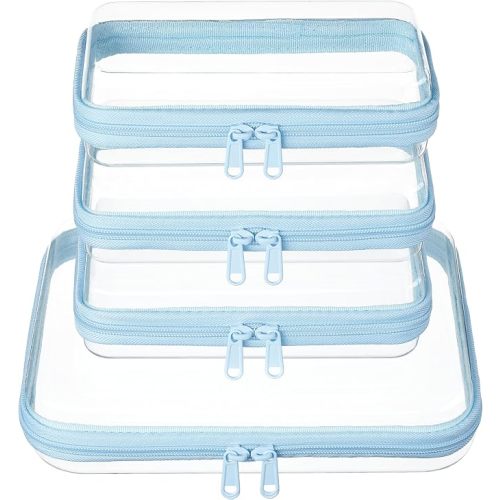 3-PCS Medium Clear Hard Shell Zipper Pouches, Clear Zipper Bags (3M, Pink) | Toiletry Bag for Travel, CLear Diaper Bag, Toiletry Pouch, Travel Organizer, Cosmetic Bag,Toy Storage Bins (M+3S) (Baby Blue)