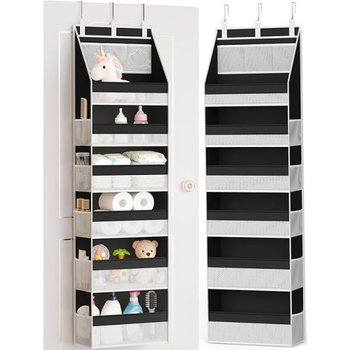 Criusia Over the Door Organizer, Heavy-Duty 6-Shelf Hanging Storage with 13 Mesh Pockets, 55lbs Capacity Behind the Door Storage for Nursery, Bathroom, Bedroom, and Dorm, Black