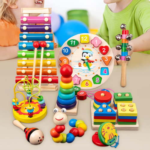 Gqtwoy 9Pcs Educational Wooden Toys Set for 1-3 Year Old Toddlers - Shape Sorting, Stacking Blocks, and Xylophone Game for Boys and Girls, Birthday Gifts