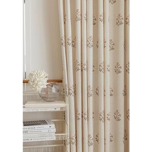 Linen Blend Pinch Pleated Curtains for Living Room, Bedroom, Dining Room - Light Filtering Curtains 2 Panels Set - Luxury and Modern Floral Printed Design - Beige White, 30" W x 96" L