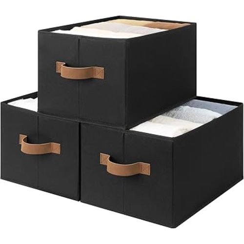 StorageWorks Storage Baskets for Shelves, Foldable Fabric Closet Storage Bins with Handles, Clothes Organizer Laundry Baskets, Black, 3-Pack, Large