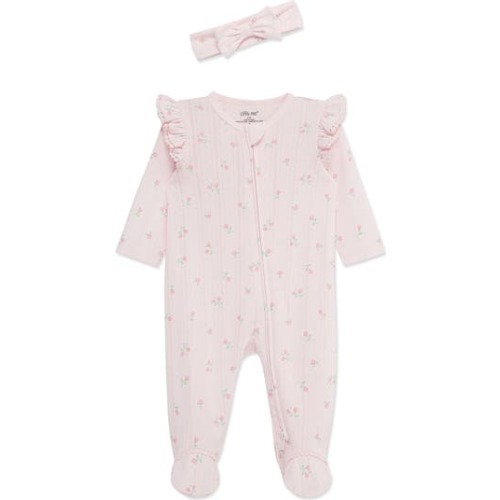 Dainty Roses Cotton Pointelle Footie & Headband Set, Newborn
