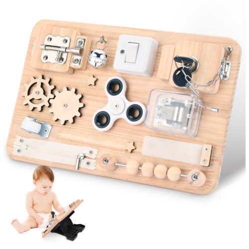 Montessori Wooden Busy Board - Sensory Toys for Toddlers Fine Motor Skills - Activity Board Toys for Kids - Educational Fidget Travel Toys for Baby Boy & Girl - Birthday Gifts