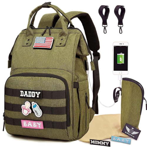 Diaper Bag Backpack for Dad and Mom with USB Charging Port Stroller Straps and Insulated Pocket,army military Travel Nappy Backpack for daddy mommy (Green)
