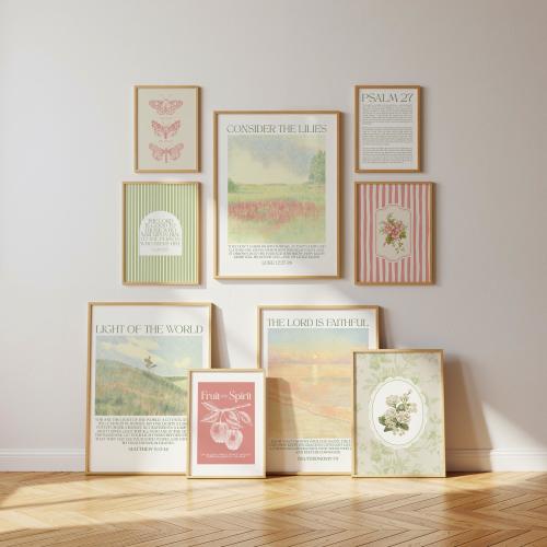 Vintage Christian Wall Art Set of 9: Pink & Green Prints, Bible Verse Wall Art, Cottagecore Scripture Prints, Minimalist Spring Printable
