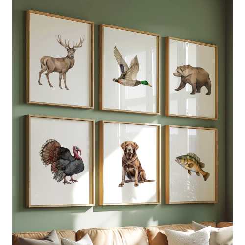Set of 6 Hunting Nursery Wall Art, Mallard Duck, Chocolate Labrador Deer Bear Turkey Fish Print, Hunting Dog Decor, Hunting Lover, Hunter,